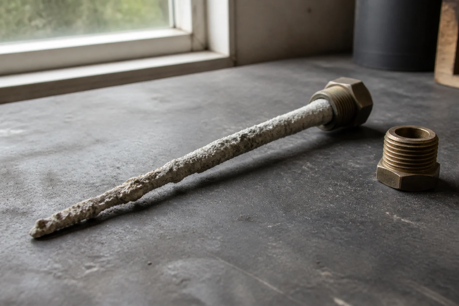 A sacrificial anode rod removed from a hot water cylinder, corroded down to a thin uneven core over most of its length, lying on a workbench beside the brass plug it screws into.